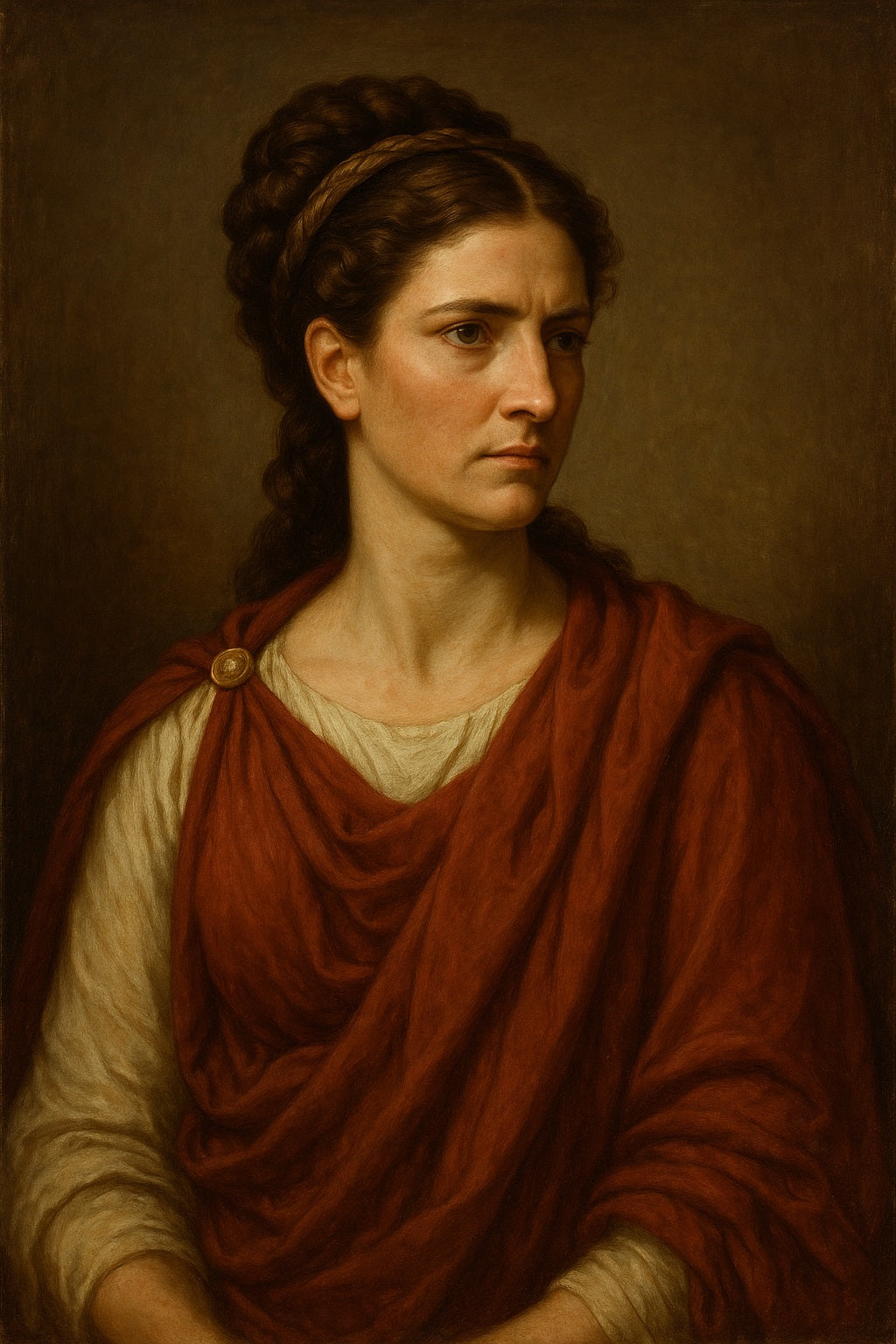Retrato neoclásico al óleo de una mujer romana con expresión firme, cabello recogido en trenzas y túnica roja sobre fondo marrón cálido.