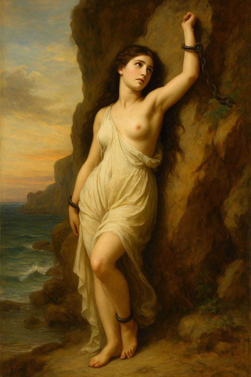 Retrato al óleo estilo neoclásico de Andrómeda, figura femenina con expresión serena, cabello suelto, vestida en túnica clara, posando con elegancia frente a un fondo marino simbólico.