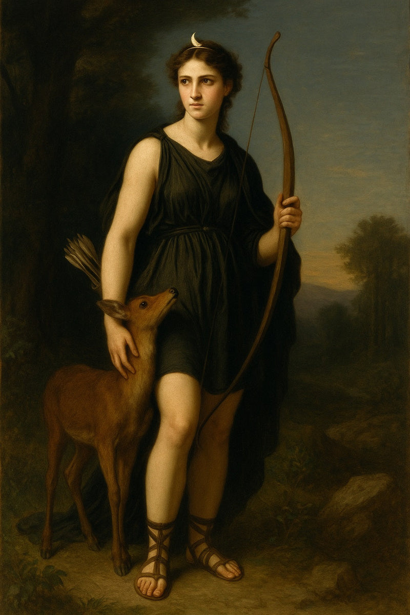 Pintura clásica de Artemisa con túnica negra y arco, acompañada por un ciervo en un bosque al atardecer, bajo una luna creciente