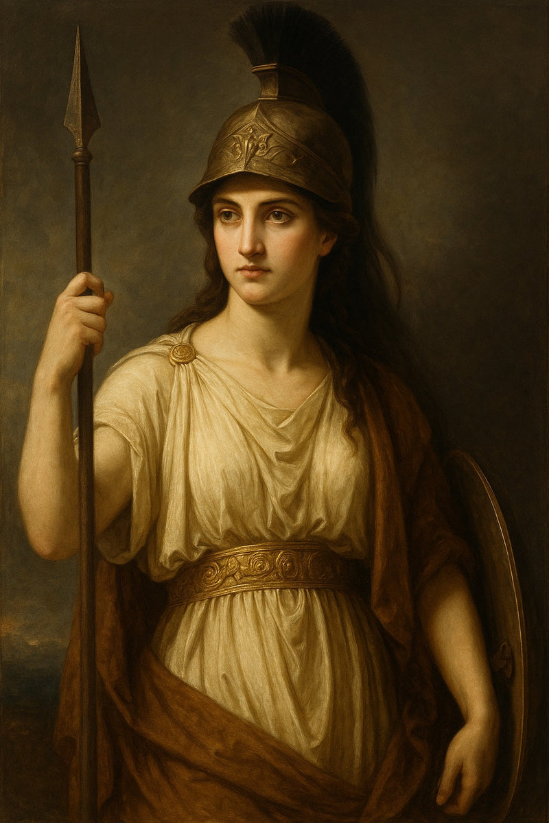 Retrato al óleo de estilo neoclásico que representa a Atenea, diosa griega de la sabiduría, con armadura dorada y casco, mirando al frente con expresión serena y poderosa.
