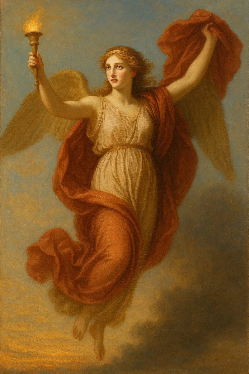 Pintura al óleo estilo neoclásico de Aurora, diosa romana del amanecer, alzándose con túnica clara, manto rojo y antorcha encendida, en un cielo teñido de tonos dorados y azules. Ideal para simbolizar comienzos, luz y esperanza.
