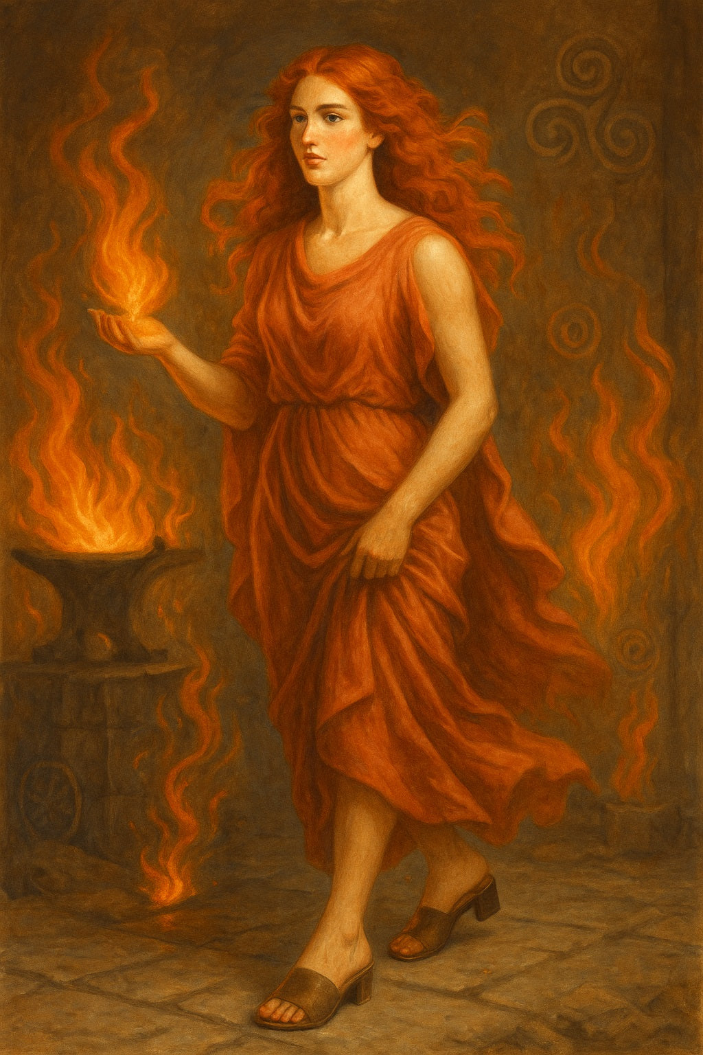 Una mujer pelirroja con vestido rojo fluido camina con porte decidido mientras sostiene una llama en su mano. Está rodeada de fuego y símbolos celtas, evocando poder y espiritualidad.