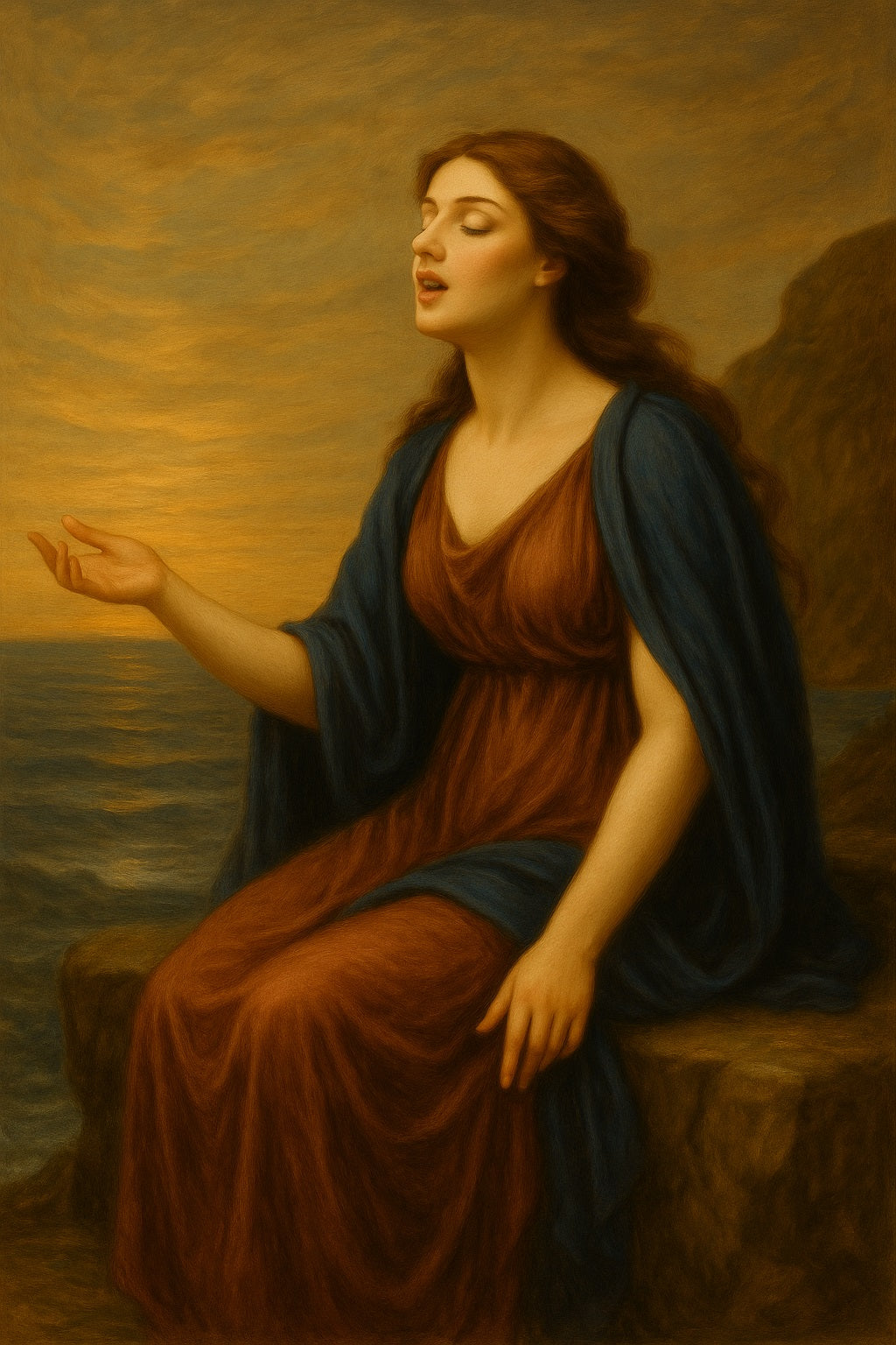 Mujer sentada junto al mar al atardecer, con túnica rojiza y manto azul, canta con los ojos cerrados y la mano extendida, envuelta en una atmósfera serena y mágica.