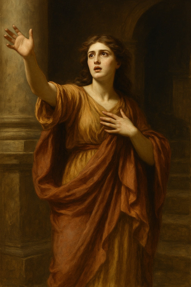 Pintura clásica al óleo de una mujer con túnica ocre, gesto dramático y mirada intensa, evocando a Casandra profetizando en un entorno arquitectónico antiguo