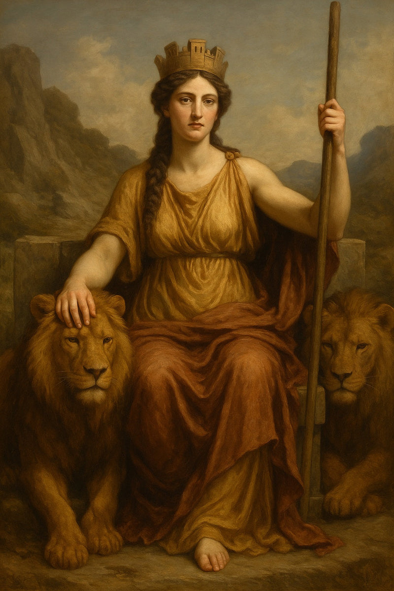 Retrato al óleo en estilo neoclásico de Cibeles, diosa madre sentada en un trono flanqueado por leones, con corona de torres y vestimenta ceremonial.