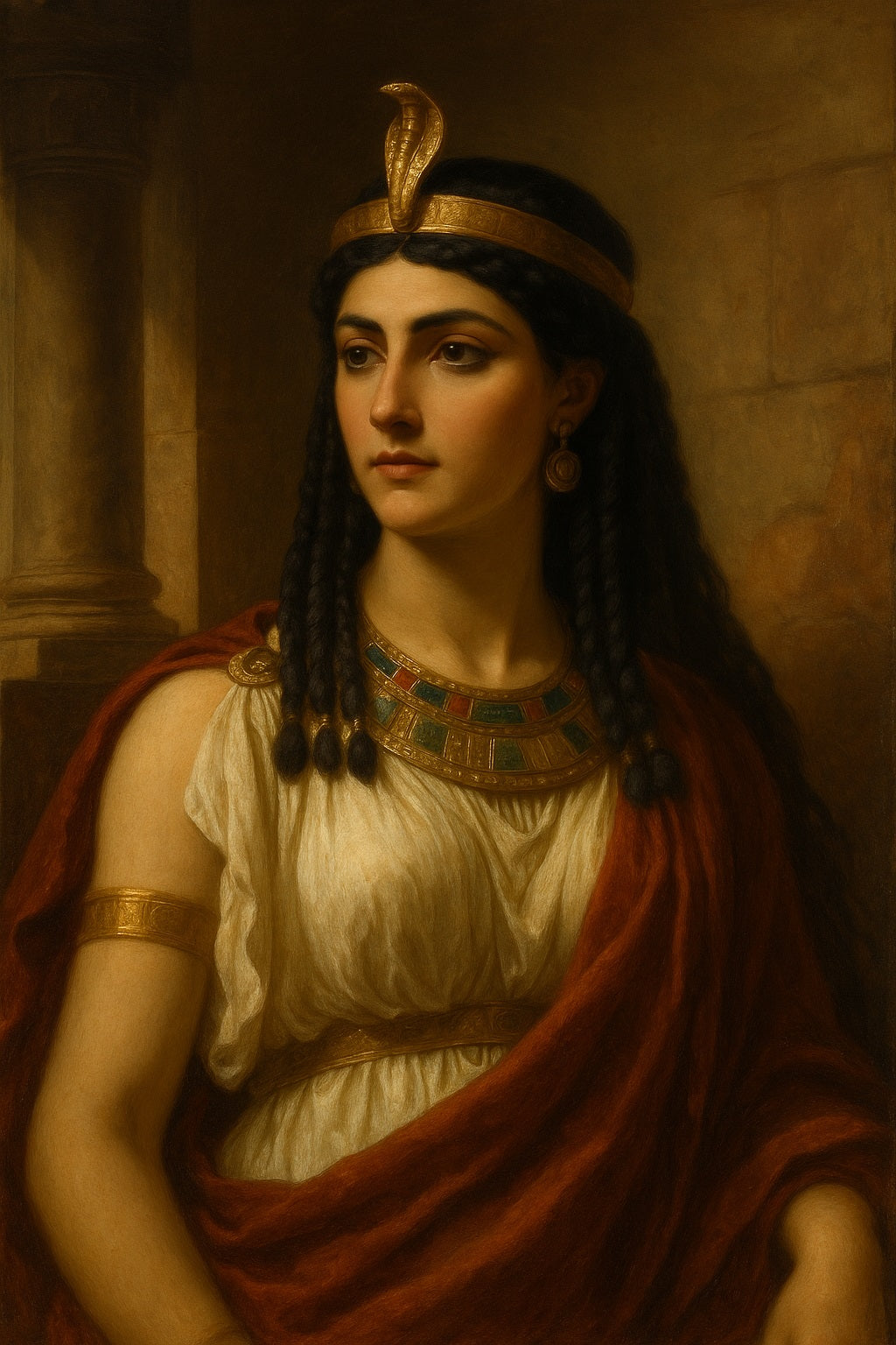 Retrato neoclásico de Cleopatra VII con túnica blanca, joyas egipcias, diadema dorada y mirada decidida, frente a una columna de piedra