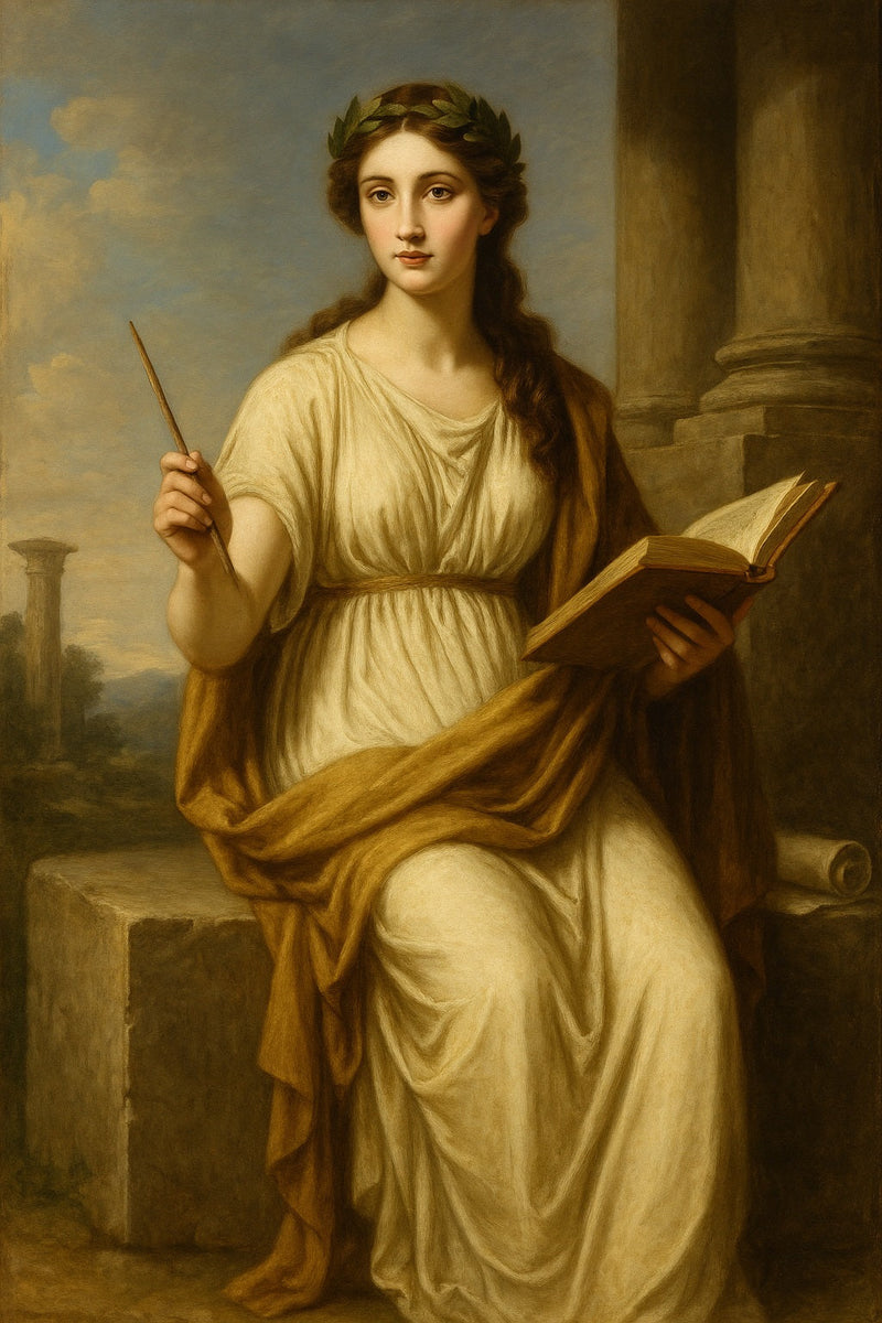 Retrato neoclásico de Clío, musa de la historia, con libro abierto y pluma entre ruinas antiguas.