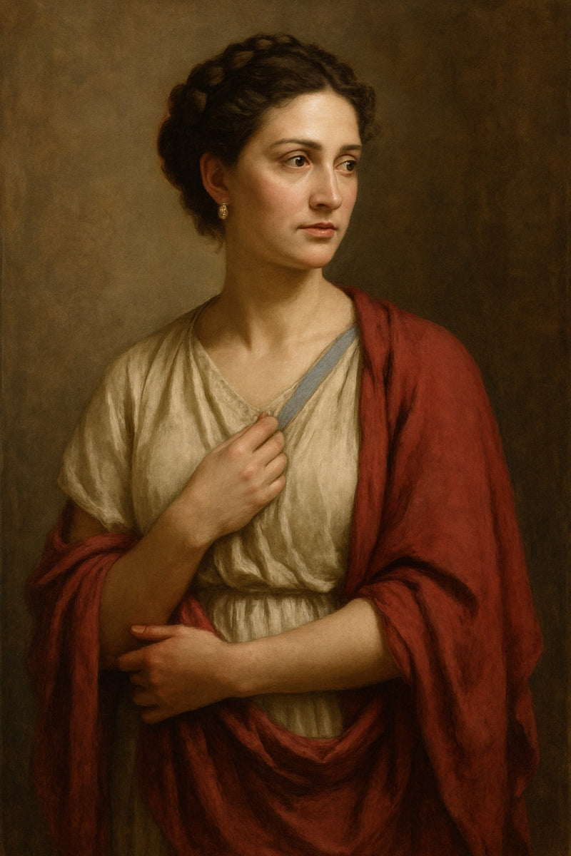 Retrato clásico estilo óleo neoclásico de Cornelia, figura femenina noble de la antigua Roma, con expresión serena, túnica romana y fondo sobrio que evoca su dignidad y sabiduría.