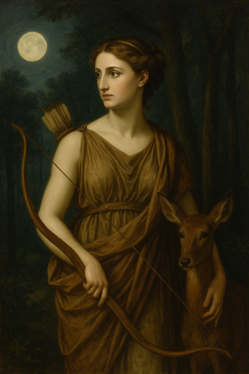 Retrato en estilo óleo neoclásico de Diana, diosa romana de la caza, con arco, túnica blanca y corona lunar, rodeada de vegetación y bajo una luz tenue inspirada en la luna.