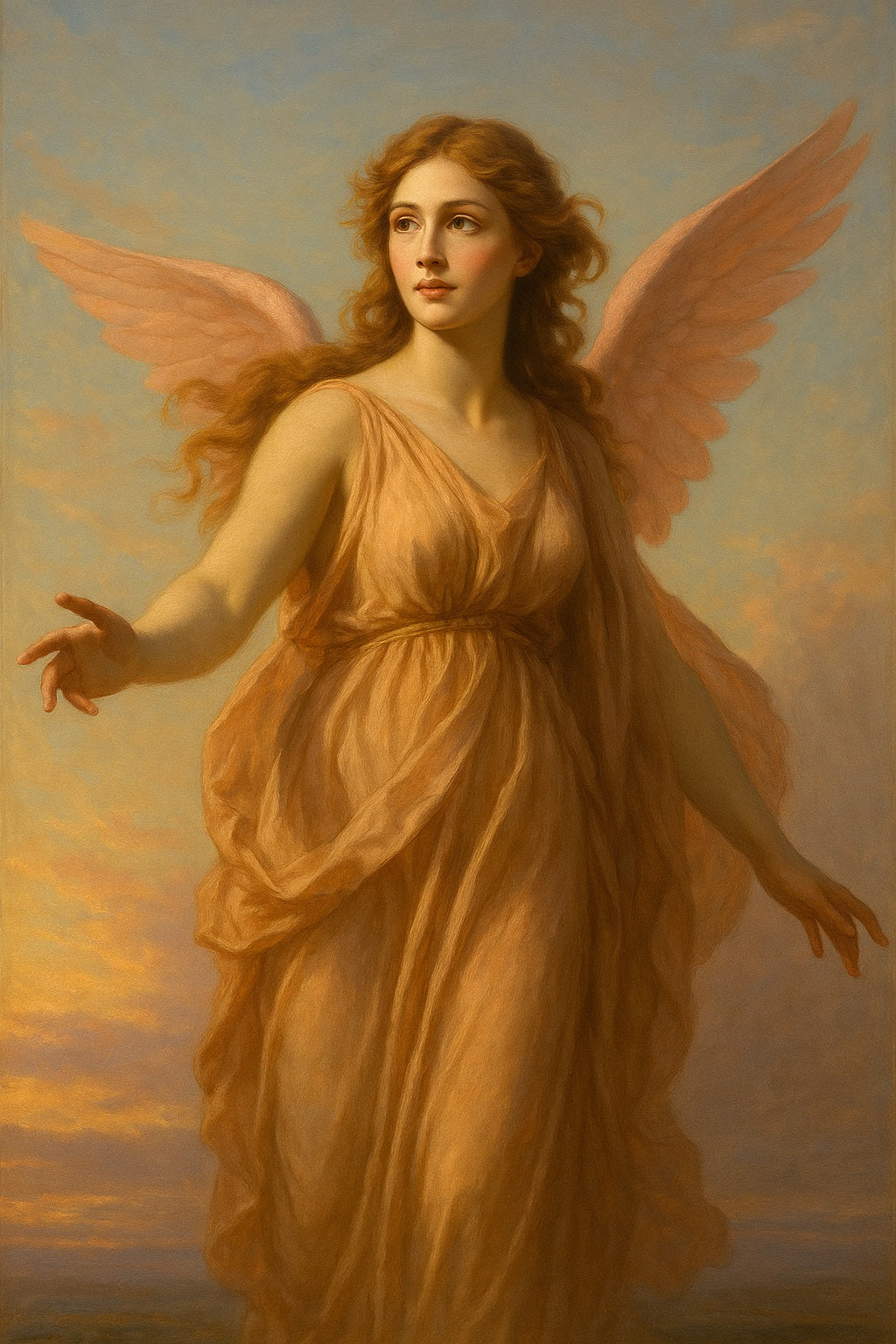 Pintura al óleo neoclásica de Eos, diosa griega del amanecer, avanzando entre nubes doradas y luz suave del alba.