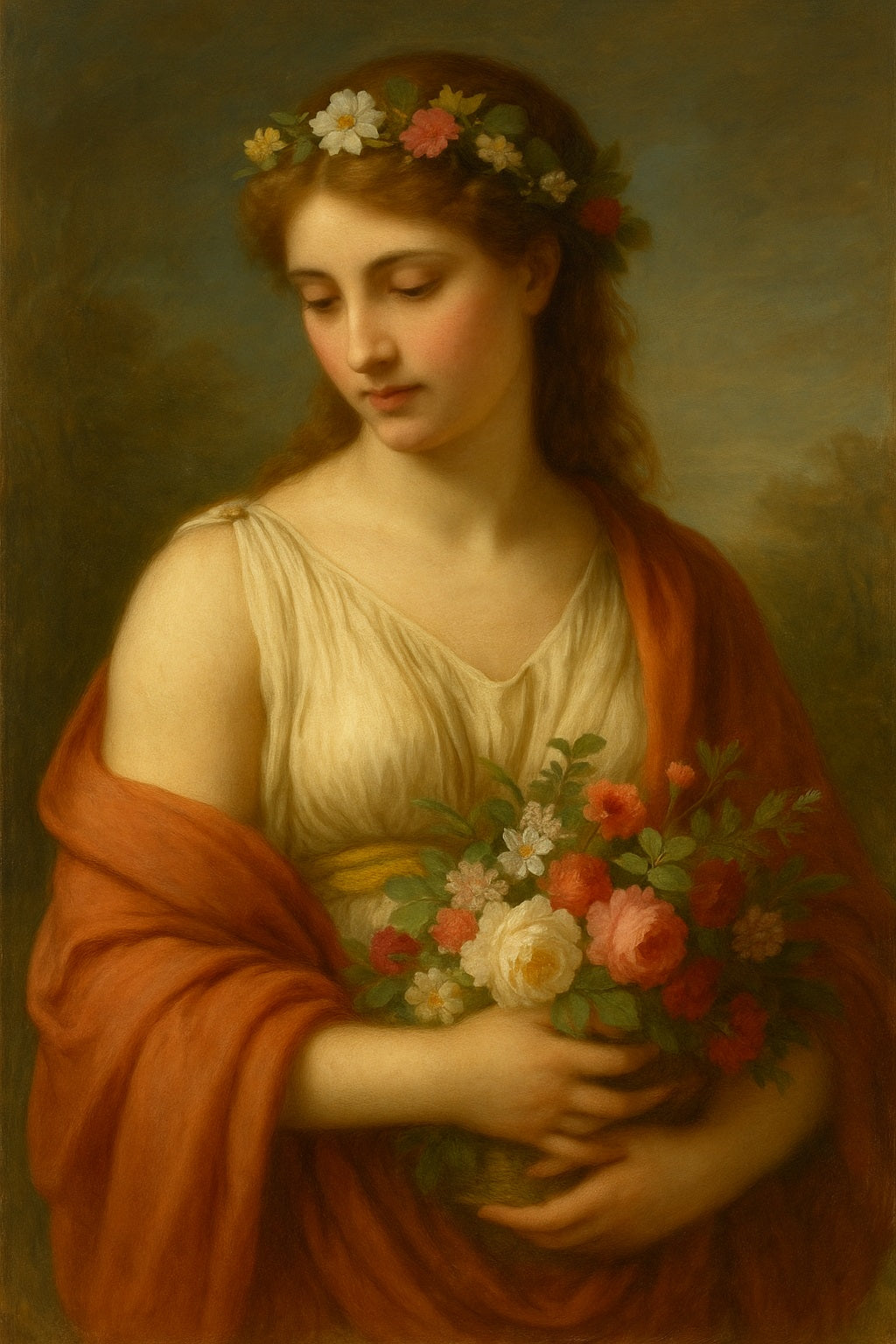 Pintura al óleo de estilo neoclásico que representa a Flora, diosa romana de la primavera, con corona de flores y ramo en brazos, transmitiendo frescura y feminidad.
