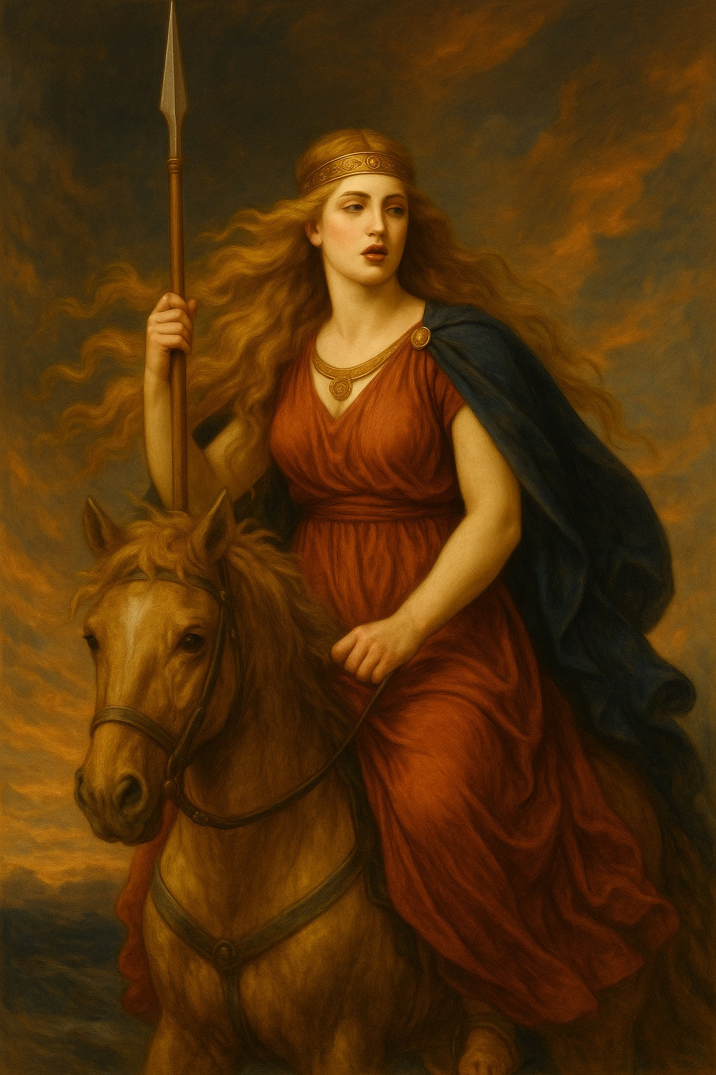 Mujer montada a caballo bajo un cielo tormentoso al atardecer, con cabello dorado al viento, lanza en mano y túnica roja con capa azul, evocando poder, belleza y valentía nórdica.