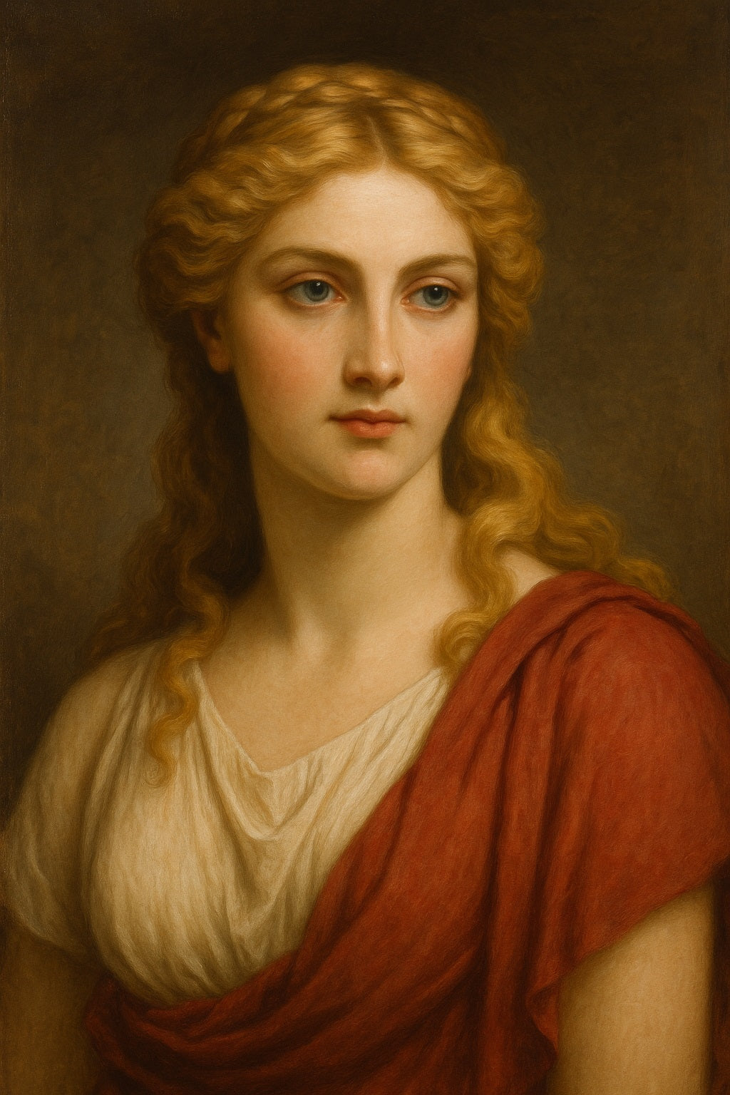 Retrato neoclásico de Helena de Troya con cabello rubio rizado, mirada azul intensa y vestimenta griega compuesta por quitón blanco y manto rojo, evocando su belleza mitológica y su papel legendario en la guerra de Troya.