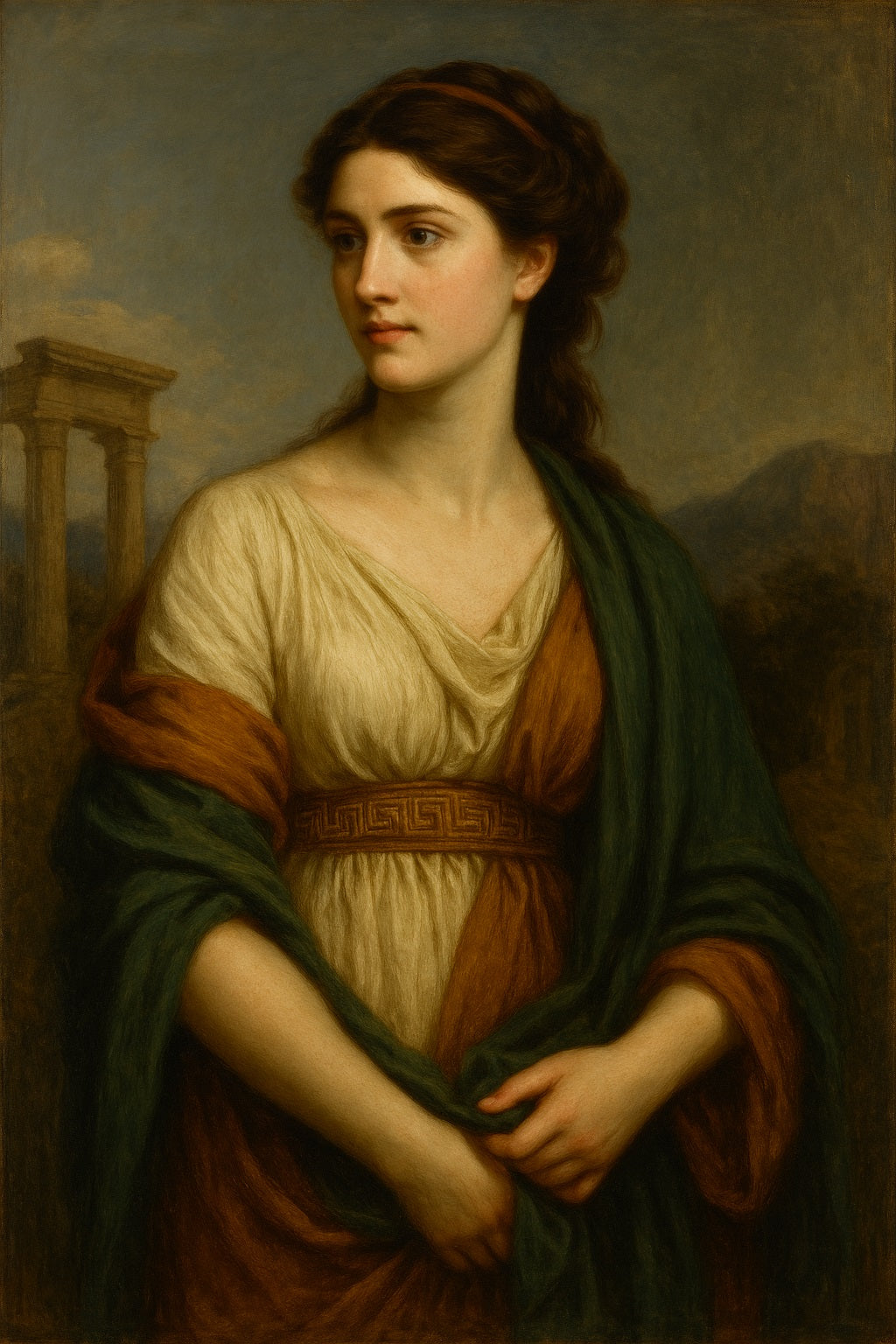 Retrato en estilo neoclásico de Hermione, joven griega de mirada serena y vestido antiguo, posando ante ruinas clásicas con un paisaje de colinas al fondo.