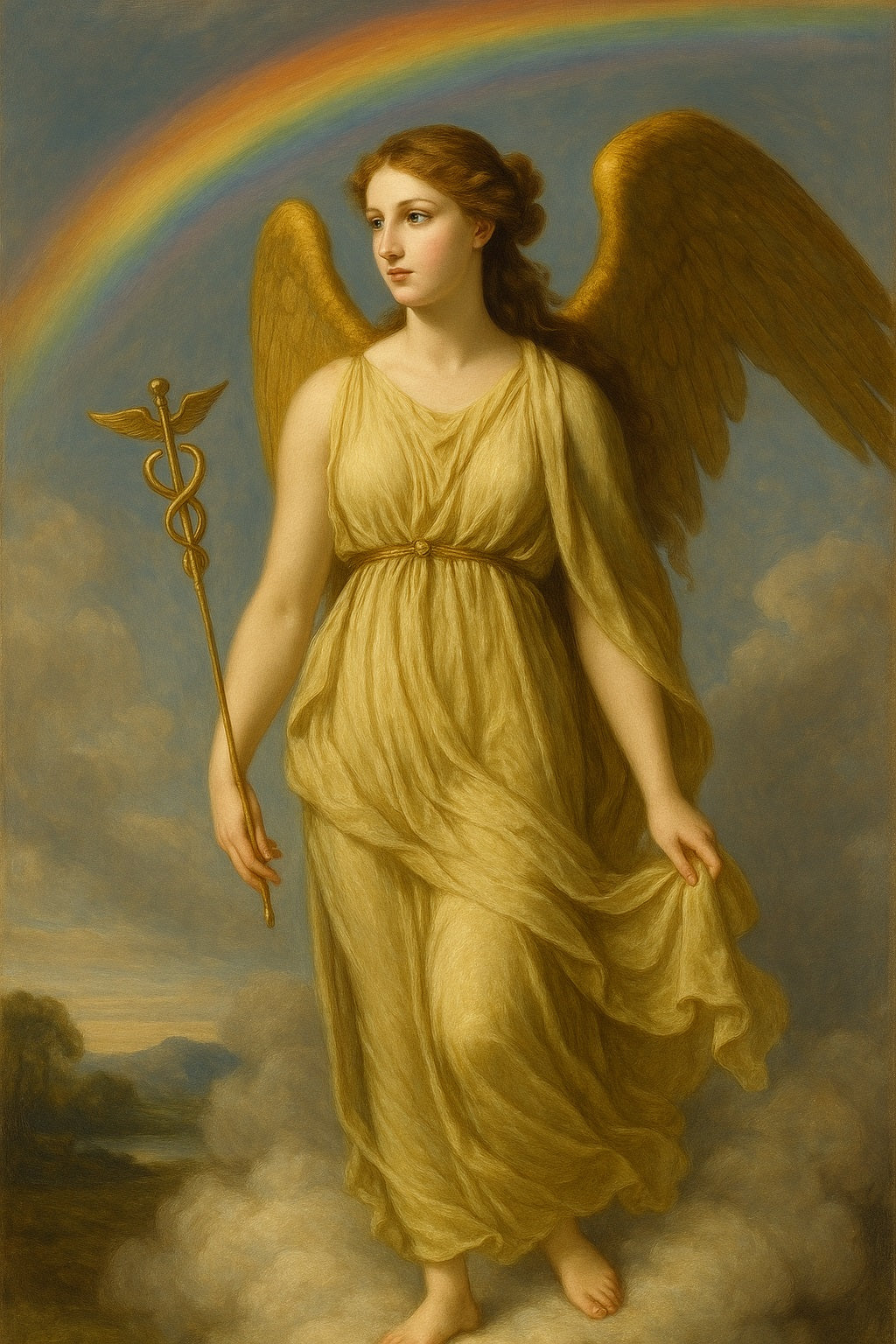 Retrato clásico de Iris, diosa griega del arcoíris, con alas doradas, túnica amarilla y fondo celeste con arcoíris.