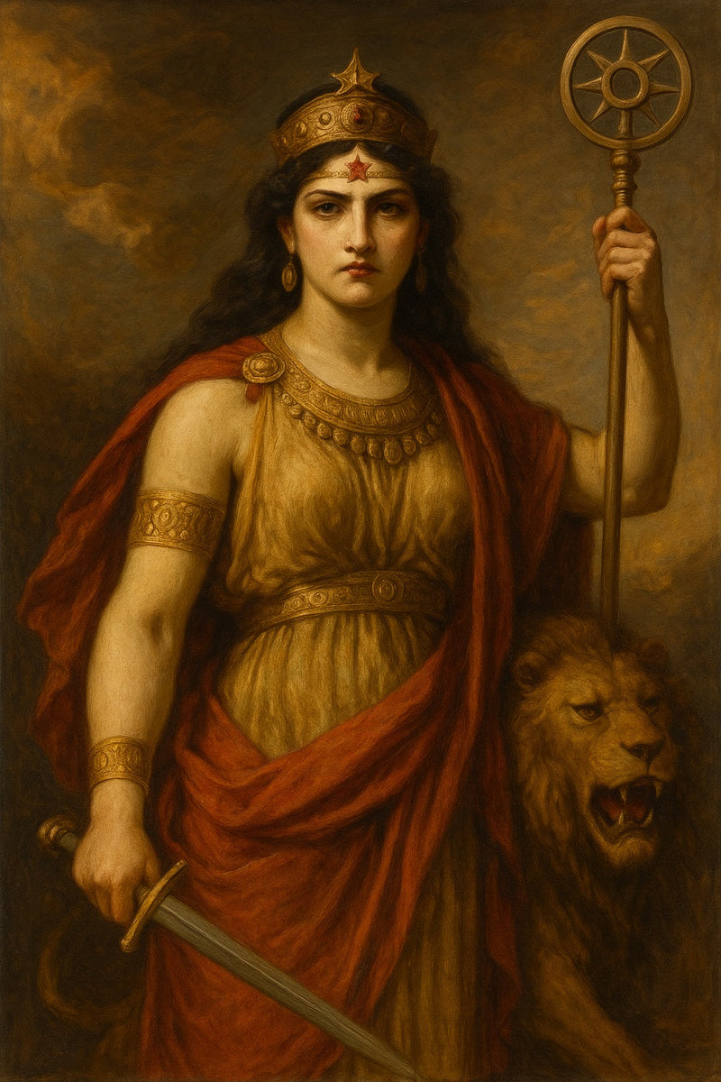 Retrato clásico estilo óleo de Ishtar, diosa mesopotámica, representada con mirada poderosa, joyas doradas y vestimenta ceremonial, inspirada en pinturas antiguas de inspiración babilónica.