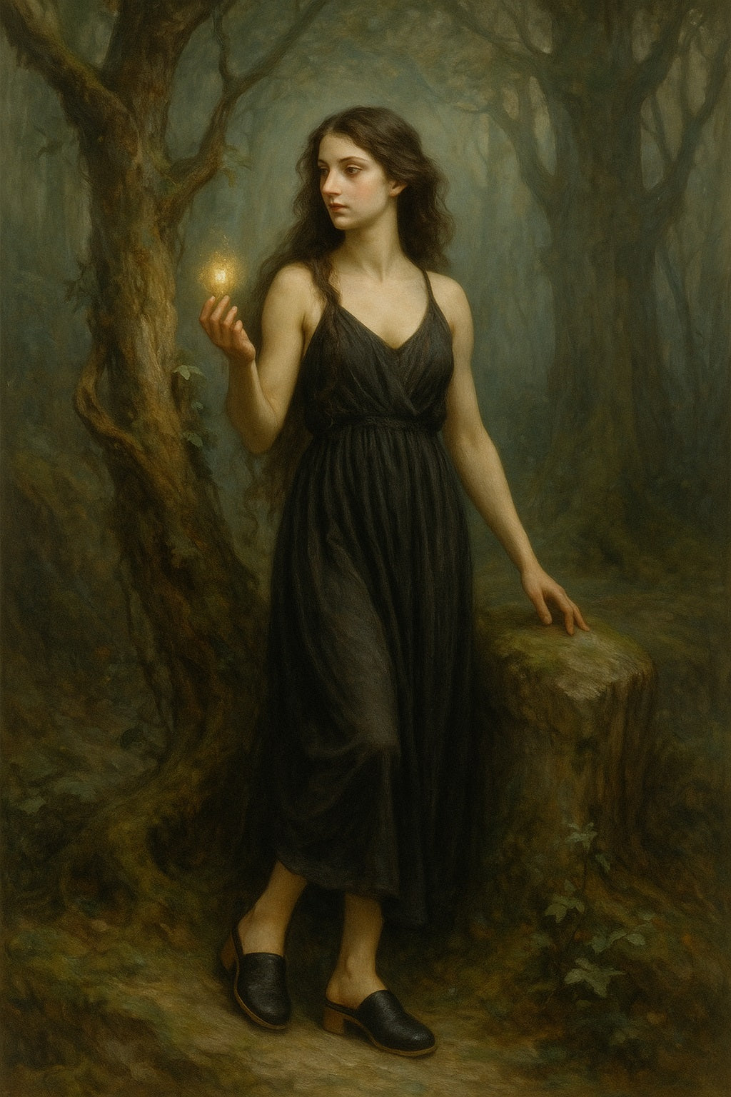 Mujer joven en un bosque encantado, vestida con un vestido negro sencillo. Observa una luz mágica flotando sobre su mano, evocando una conexión profunda con la naturaleza y lo divino.