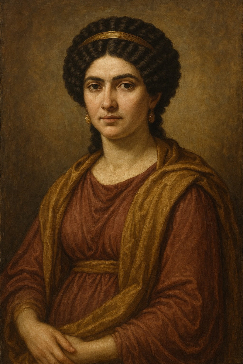 Retrato clásico al óleo de Julia Domna, emperatriz romana, con túnica burdeos y stola dorada, peinado romano de rizos elaborados y expresión serena, evocando poder y sabiduría en la Roma imperial.