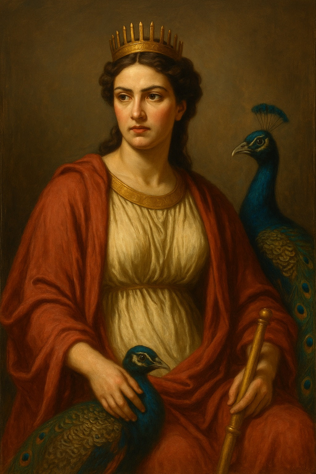 Pintura neoclásica de Juno, diosa romana del matrimonio y la realeza, con túnica crema, manto rojo y corona dorada, sosteniendo un cetro y acariciando un pavo real, símbolo de poder, dignidad y protección femenina en la antigua Roma.