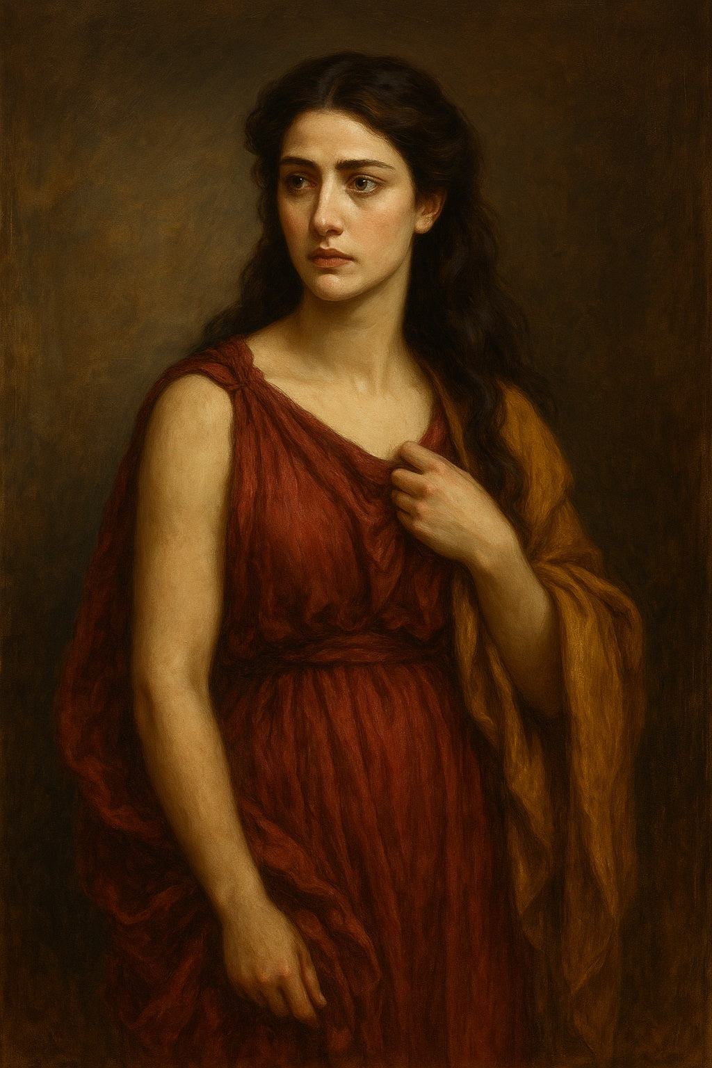 Retrato al óleo de estilo neoclásico que representa a Megara, figura mitológica griega, con expresión serena y melancólica. Viste túnica blanca clásica y está rodeada de una atmósfera suave y contemplativa que evoca fuerza interior y dignidad trágica.