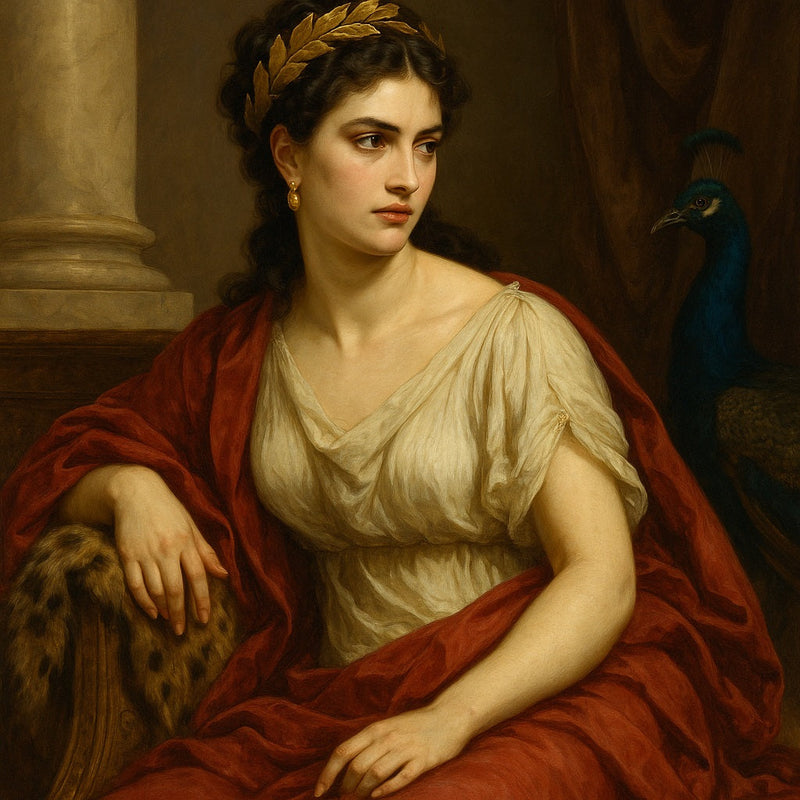 Retrato neoclásico de Mesalina, emperatriz romana, con túnica marfil, manto rojo y corona de laurel, sentada junto a un pavo real en un entorno palaciego, símbolo de deseo, poder e intriga en la Roma imperial.