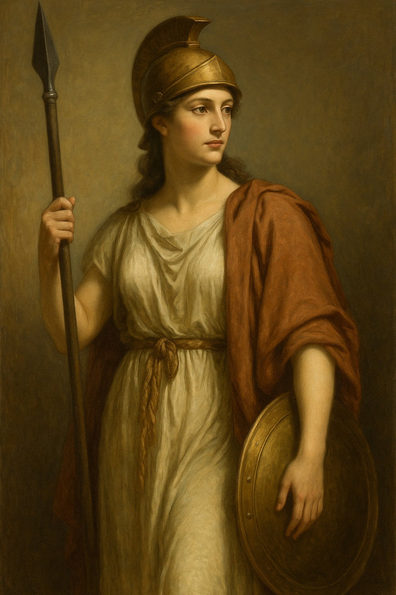 Pintura al óleo de estilo neoclásico que representa a Minerva, diosa romana de la sabiduría, de pie con lanza y escudo, vestida con túnica clara, manto rojizo y casco dorado