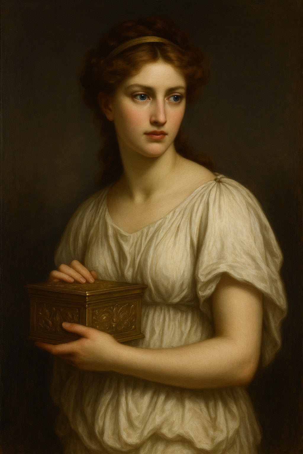 Retrato clásico de Pandora en estilo neoclásico, con túnica blanca y cabello castaño cobrizo, sosteniendo una caja dorada tallada con expresión contemplativa.