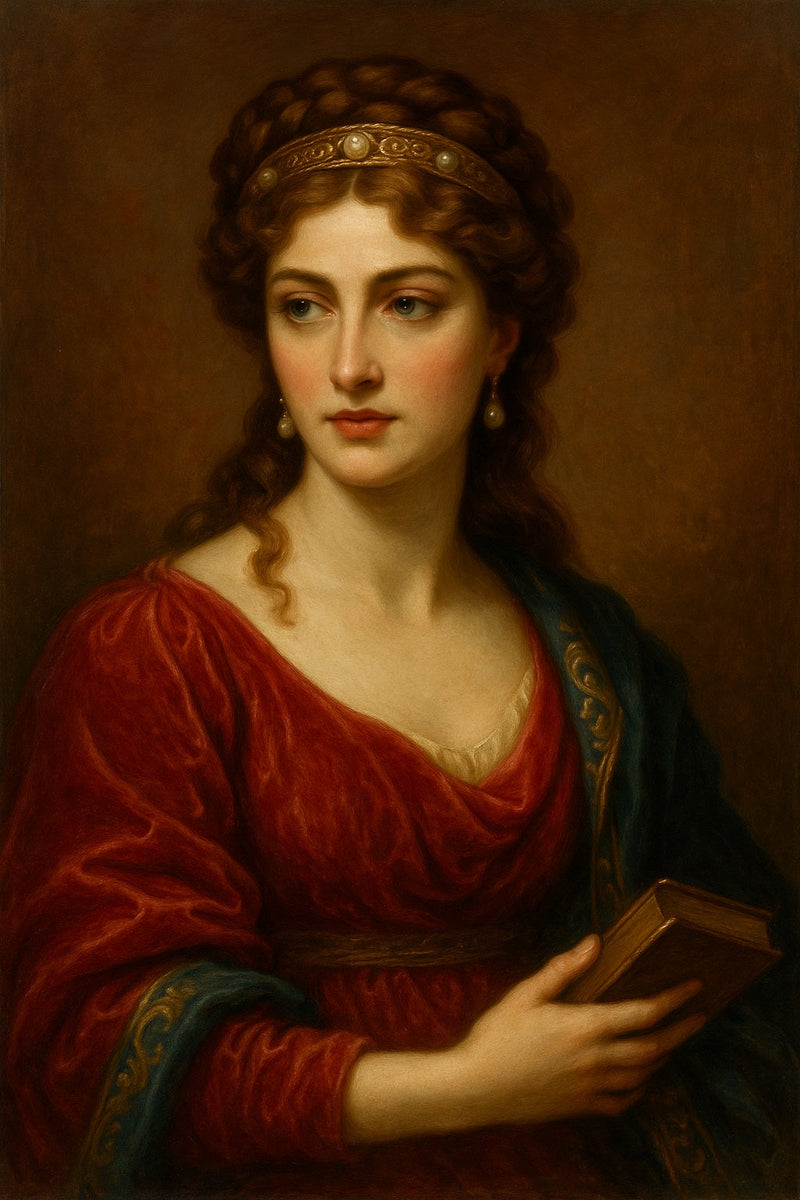 Retrato clásico de Popea Sabina, emperatriz romana, con vestido rojo de terciopelo, diadema dorada con perlas, pendientes colgantes y libro en mano, reflejando elegancia, ambición y poder femenino en la corte de Nerón.