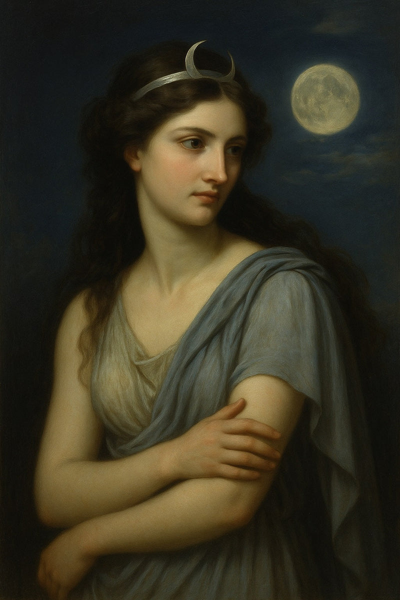 Pintura al óleo neoclásica de Selene, diosa griega de la luna, representada con una túnica blanca y corona lunar, montada en su carro tirado por caballos blancos bajo un cielo nocturno estrellado.