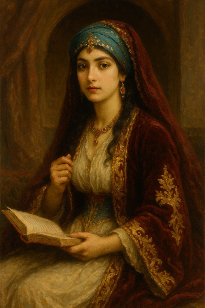 Pintura al óleo de estilo orientalista que representa a Serezade sentada, contando historias en un palacio decorado con motivos árabes.