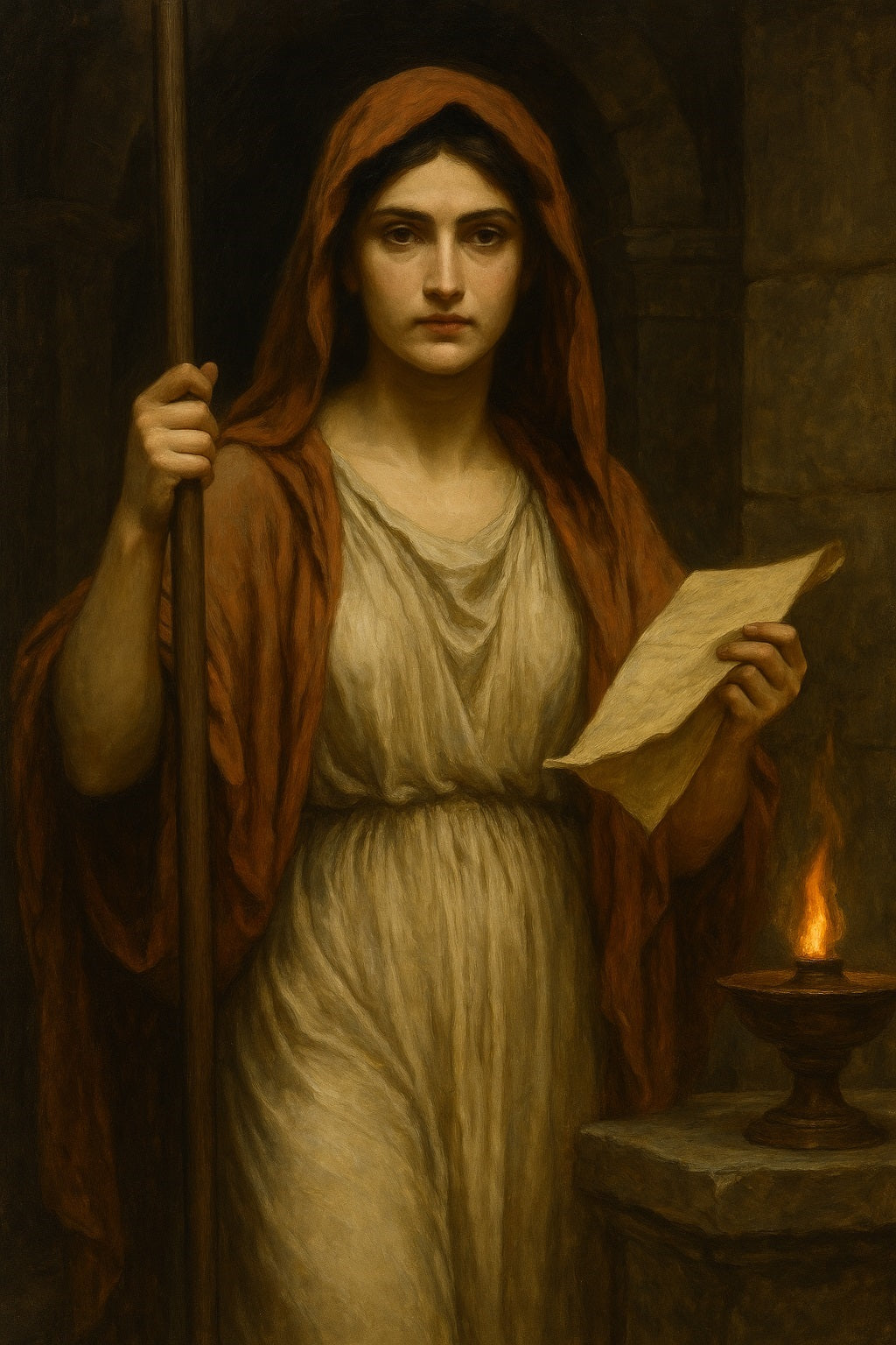 Pintura neoclásica de una Sibila, joven profetisa vestida con túnica blanca y capa azul oscuro, en una caverna iluminada por la luz de una antorcha, con un pergamino en la mano y la mirada en trance, símbolo de sabiduría profética y conexión divina.