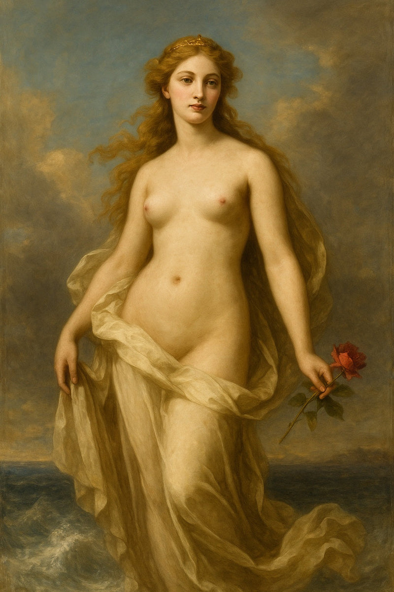 Óleo clásico de Venus emergiendo del mar, envuelta en tela traslúcida y sosteniendo una rosa. Cabello dorado al viento, con cielo sereno y mar en calma, símbolo de belleza divina
