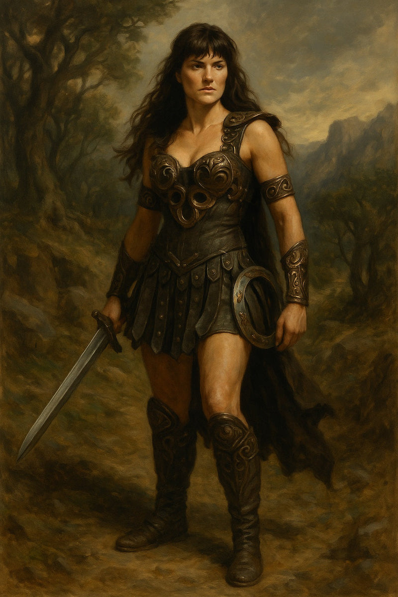 Retrato al óleo de estilo clásico de una guerrera inspirada en Xena, con armadura de cuero, espada y chakram, en un paisaje montañoso y boscoso.