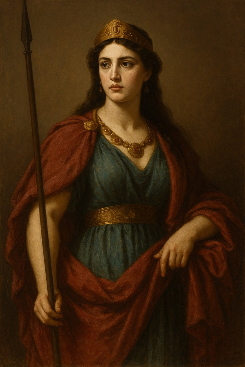 Retrato al óleo neoclásico de la reina Zenobia de Palmira, con vestido azul, capa burdeos y corona dorada, sosteniendo una lanza con mirada decidida.