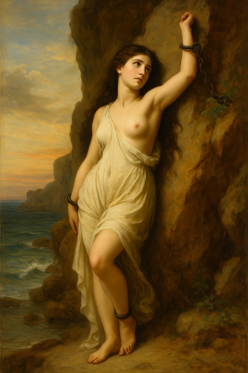 Retrato al óleo estilo neoclásico de Andrómeda, figura femenina con expresión serena, cabello suelto, vestida en túnica clara, posando con elegancia frente a un fondo marino simbólico.