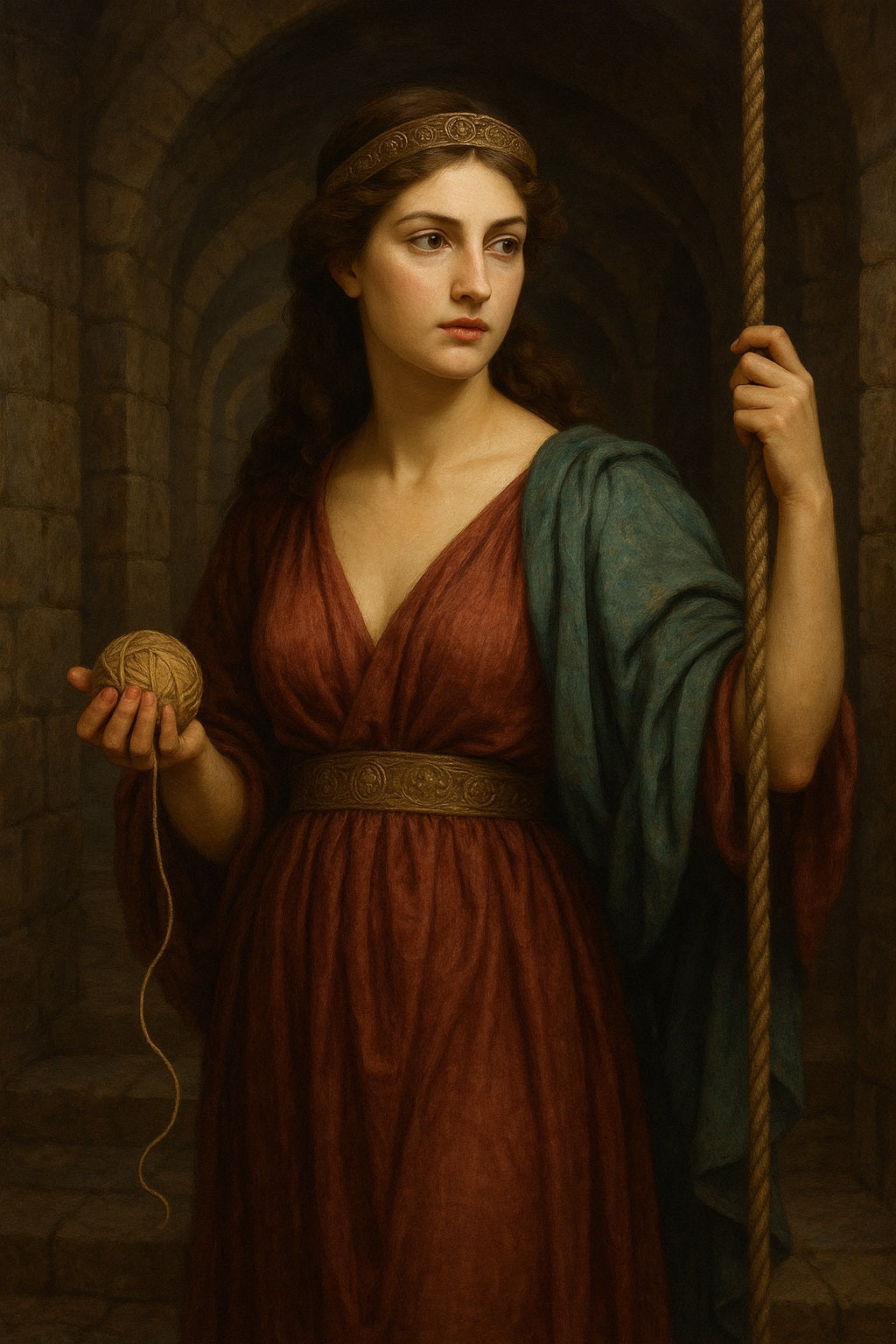 Pintura clásica de Ariadna, princesa de Creta, con túnica burdeos y capa azul, sosteniendo un ovillo de hilo en un pasaje de piedra del laberinto, símbolo de inteligencia, decisión y libertad femenina en la mitología griega.