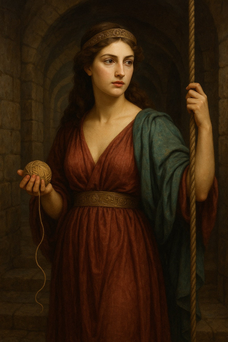 Pintura clásica de Ariadna, princesa de Creta, con túnica burdeos y capa azul, sosteniendo un ovillo de hilo en un pasaje de piedra del laberinto, símbolo de inteligencia, decisión y libertad femenina en la mitología griega.