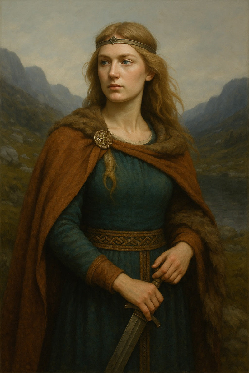 Retrato realista de Astrid, mujer vikinga de noble porte, con vestido verde azulado, capa de piel y tiara de metal, sosteniendo una espada envainada en un paisaje montañoso, símbolo de sabiduría, fortaleza y serenidad escandinava