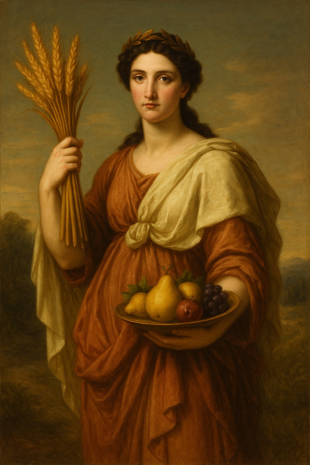 Retrato neoclásico de Ceres, diosa romana de la agricultura, con corona de laurel, espigas de trigo y frutas en mano, sobre fondo natural sereno.