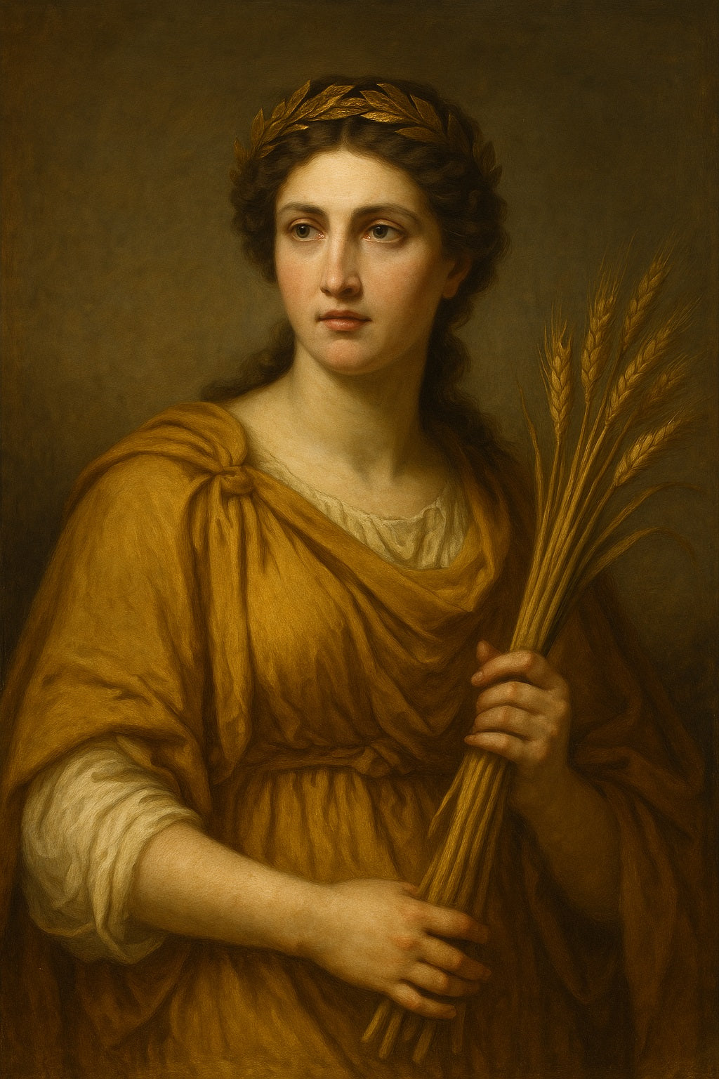 Retrato clásico de estilo neoclásico que representa a Deméter, diosa griega de la agricultura, sosteniendo espigas de trigo, con expresión serena y vestimenta en tonos dorados, evocando fertilidad y abundancia.