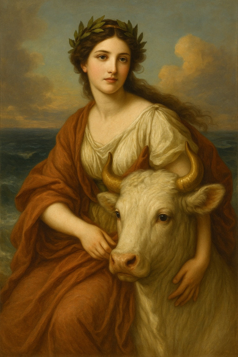 Retrato en estilo neoclásico de Europa, figura mitológica griega, con vestimenta clásica y fondo marino, evocando su travesía legendaria sobre el toro de Zeus.