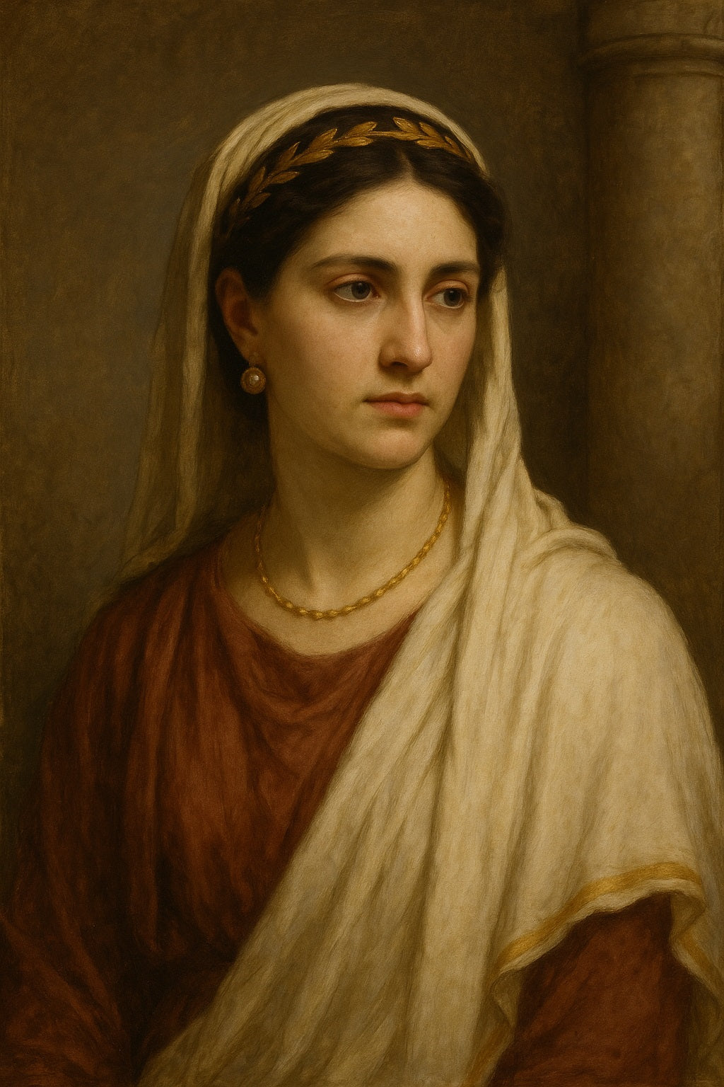 Retrato clásico al óleo de una joven romana con túnica crema y manto burdeos, luciendo una corona de laurel dorada, pendientes de perla y expresión serena, sobre fondo neutro arquitectónico.