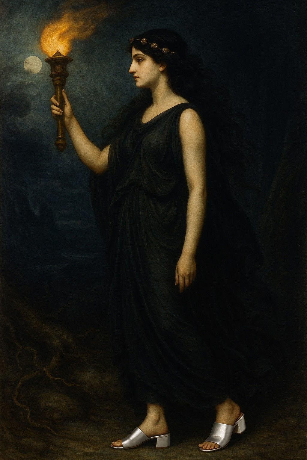 Figura femenina vestida de negro, sosteniendo una antorcha encendida bajo la luz de la luna. Su expresión es firme y misteriosa, destacando su conexión con la noche, la magia y lo oculto.