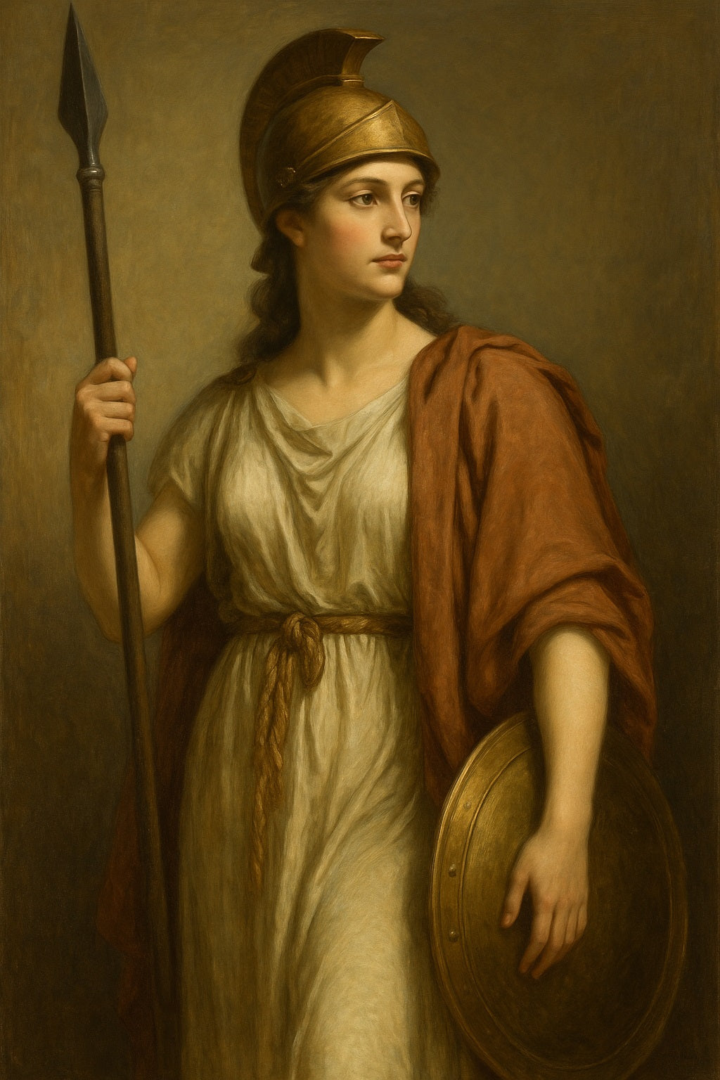 Pintura al óleo de estilo neoclásico que representa a Minerva, diosa romana de la sabiduría, de pie con lanza y escudo, vestida con túnica clara, manto rojizo y casco dorado