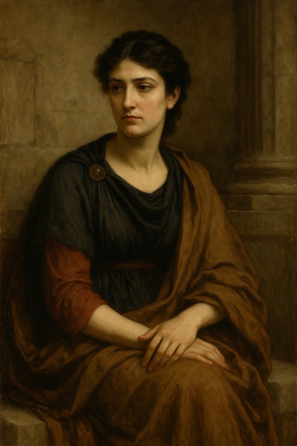 Retrato al óleo en estilo neoclásico de una mujer romana con toga blanca y expresión serena, representando a Servilia, figura influyente de la Roma republicana.