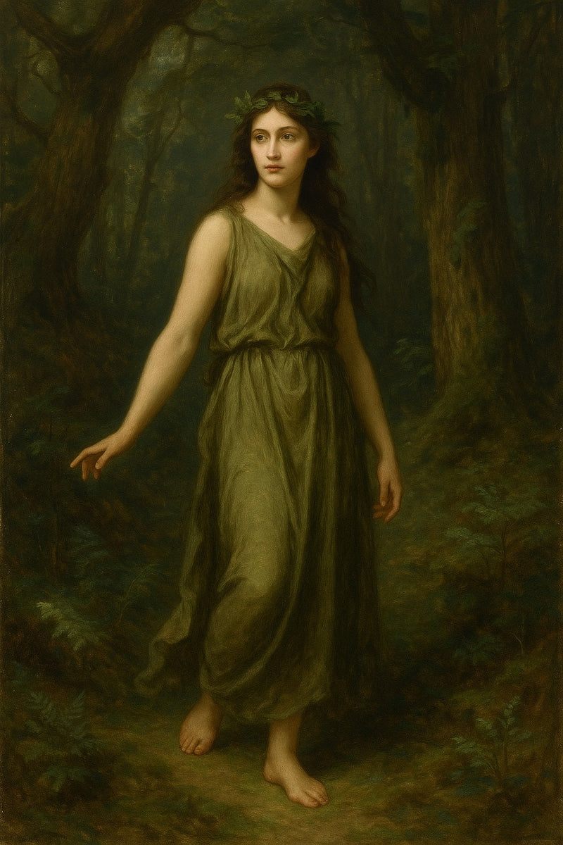 Pintura al óleo estilo neoclásico que retrata a Silvana, una joven con vestido verde oliva y corona de hojas, caminando descalza por un bosque sereno y frondoso. Ideal para transmitir conexión con la naturaleza y feminidad libre.