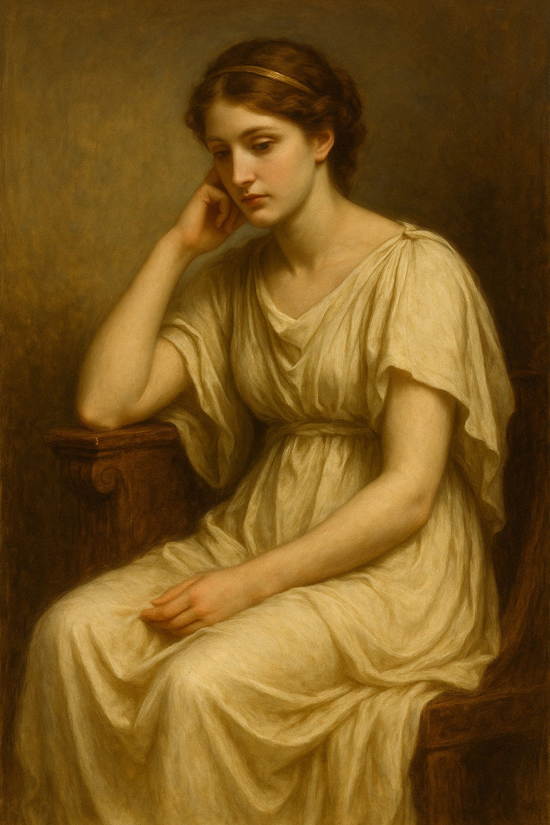 Retrato al óleo en estilo neoclásico de una mujer con túnica blanca y expresión serena, simbolizando la sabiduría femenina de la diosa griega Sophia