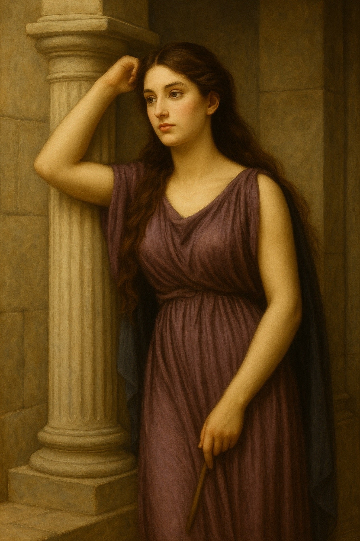 Una mujer joven de cabello castaño claro y ondulado, vestida con una túnica púrpura, apoya su brazo en una columna clásica mientras observa pensativa hacia un lado.