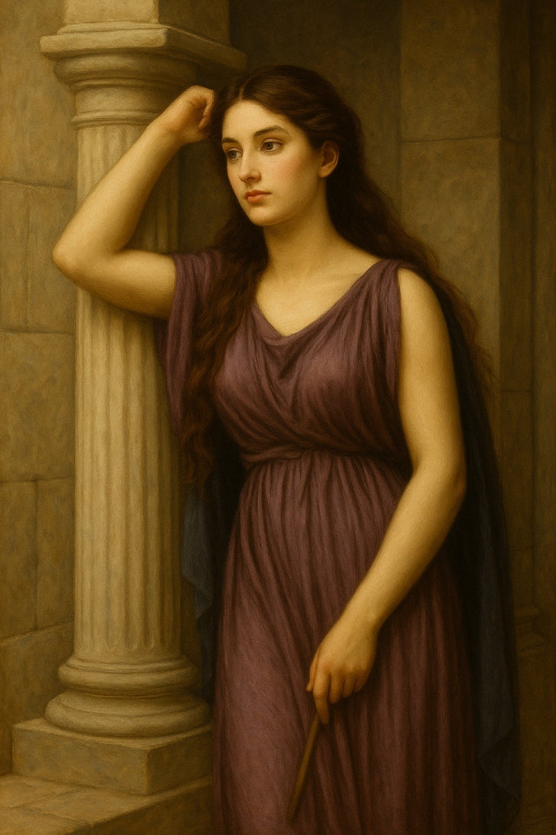 Una mujer joven de cabello castaño claro y ondulado, vestida con una túnica púrpura, apoya su brazo en una columna clásica mientras observa pensativa hacia un lado.