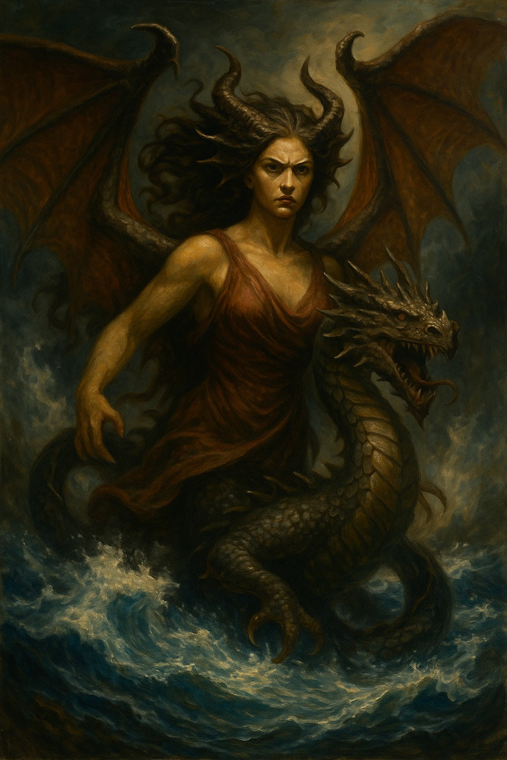 Figura femenina con rasgos imponentes y alas oscuras surge del mar enfurecido; su cuerpo serpentino y mirada feroz evocan el caos ancestral de una diosa mitológica.